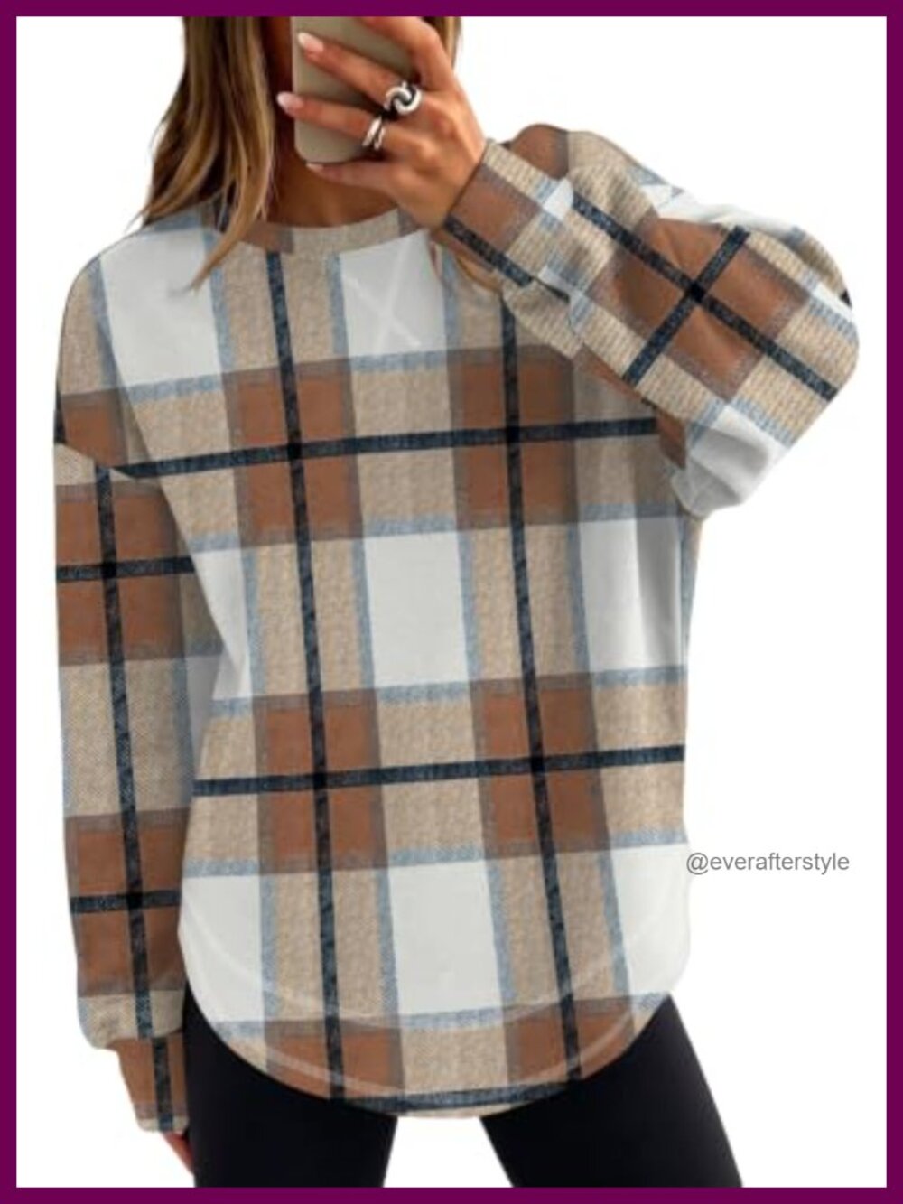 Women's Crewneck Sweatshirt Long Sleeve Side Slit Plaid
